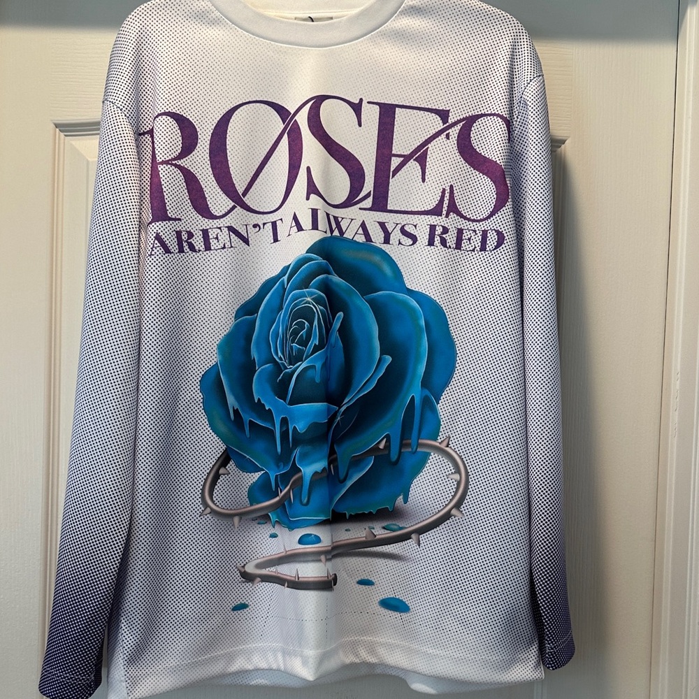 Burberry White Long Sleeve Shirt with Blue Rose and Purple Sleeve Text
